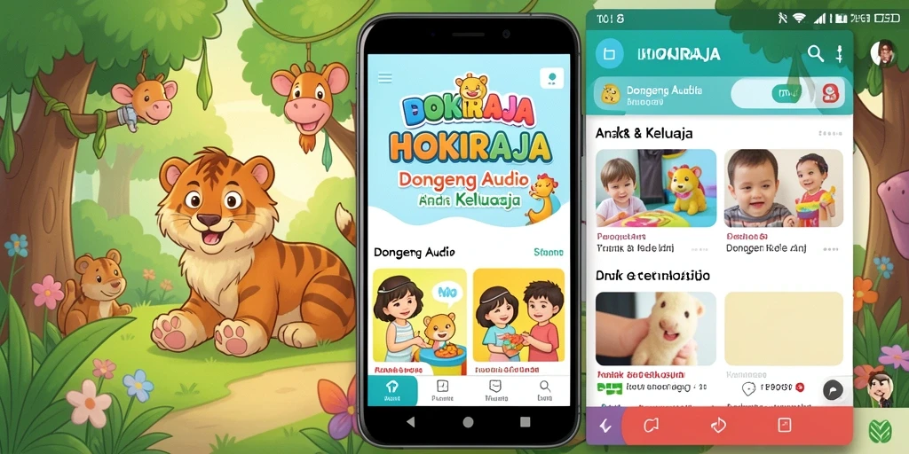 Antarmuka HOKIRAJA yang ramah anak dengan koleksi dongeng audio.